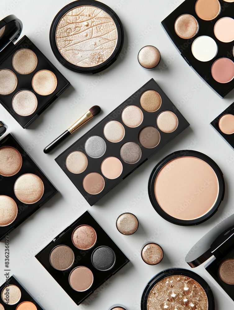 Poster a flatlay of various contouring and highlighting palettes, with rich colors and an organized arrange