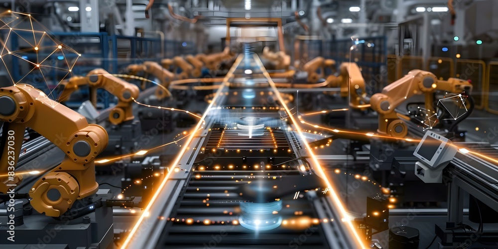 Poster smart factory floor with high automation and interconnected devices representing industry 40. concep