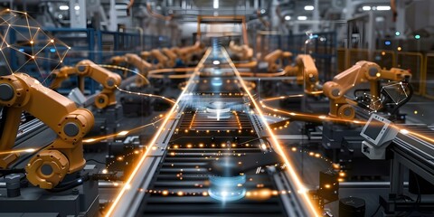 Fototapeta premium Smart factory floor with high automation and interconnected devices representing Industry 40. Concept Industry 4,0, Smart Manufacturing, Automation, Interconnected Devices, Smart Factory Floor