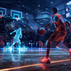 A basketball game featuring human players and holographic opponents in a high-tech arena.