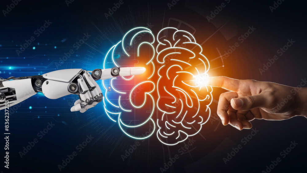 Aufkleber human and robotic hands connecting with digital brain interface in cyber technology concept