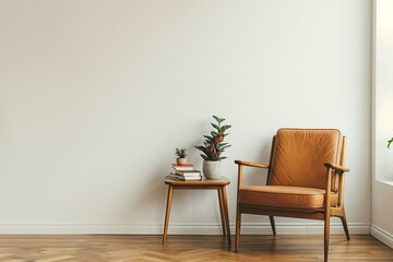 Minimalist living room with a clean and cozy aesthetic, featuring a brown leather armchair