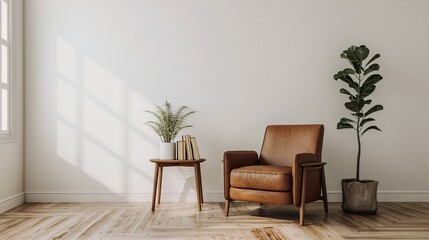 Minimalist living room with a clean and cozy aesthetic, featuring a brown leather armchair