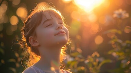 Fototapeta premium Young girl enjoying sunlight in nature with serene expression golden hour outdoor beauty tranquility peaceful
