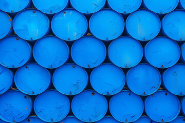 Rows of blue industrial drums stacked tightly forming a pattern of uniform cylindrical shapes used for storage and transport