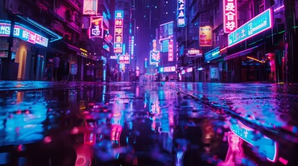 Night neon street at city downtown. Cityscape on dark background with bright and glowing neon lights