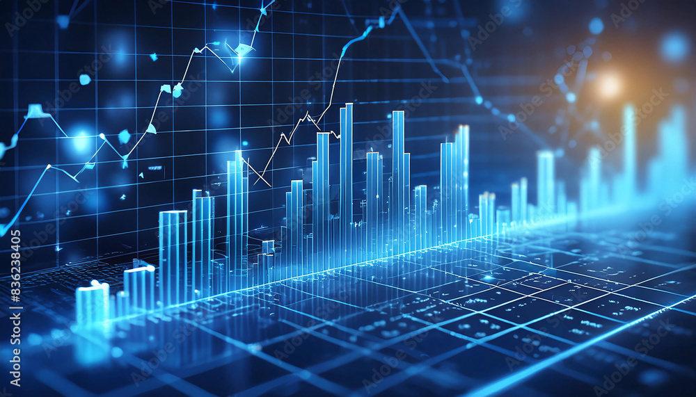 Poster glowing 3d bar graph with line chart on dark background