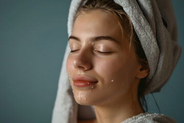 Fototapeta premium A close up of a woman after having a shower with her eyes closed looking to a side