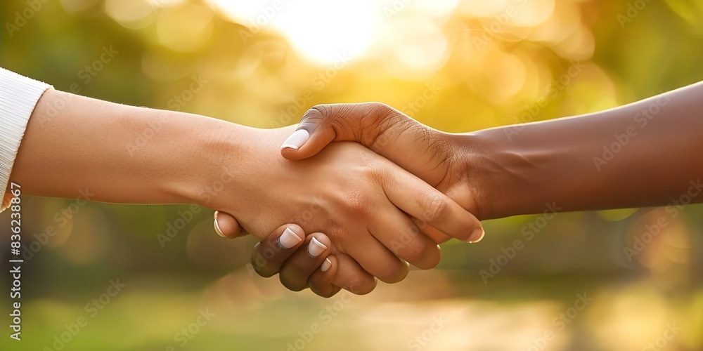 Poster emphasizing unity and inclusion through a close-up photo of a diverse handshake. concept unity, incl