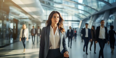 People walking in busy modern office setting with blurred background. Concept Office Space, Busy Environment, Modern Workplace, Business People, Blurred Background