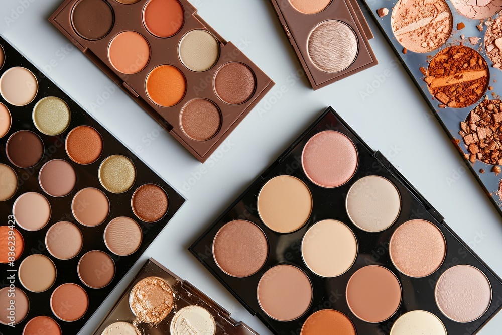 Poster a close-up image of assorted makeup palettes with contouring and highlighting shades on a light back