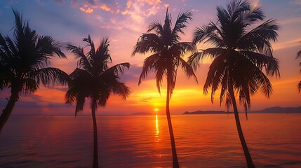 beautiful sunset over the sea with silhouettes of palm trees