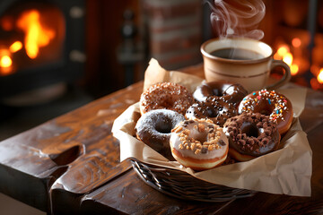 A tempting assortment of artisan donuts in various flavors and toppings, such as glazed, chocolate-dipped, and sprinkled. 