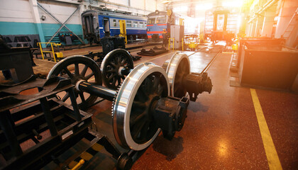 Railway maintenance workshop with locomotive and train wheels