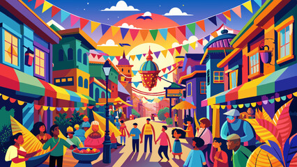 Fototapeta premium Vibrant street festivals with flags, lanterns, and crowds, full of life and color, vector graphics