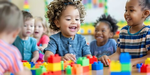 Diverse kindergarten children learn and play with colorful blocks. Concept Children, Kindergarten, Diverse, Play, Colorful Blocks