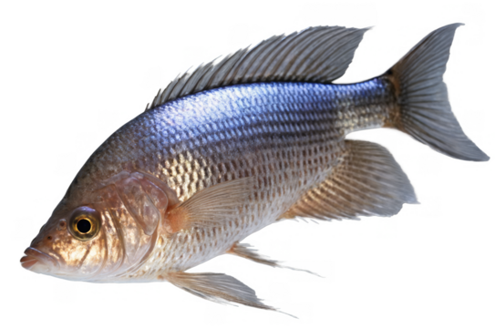 Single tilapia fish depicted with detailed scales and fins, perfect for png with white background