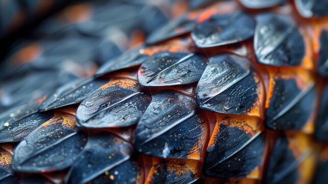 A close up of a snake's tail, with a mix of black and orange colors