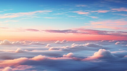 Obraz premium A serene aerial view of fluffy clouds bathed in the soft light of a sunset. The sky is a blend of pastel pink, blue and orange hues.