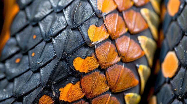A close up of a snake's tail, with a mix of black and orange colors