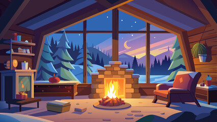 Warm, Cozy Cabin Interiors Lit by the Soft Glow of a Fireplace, Surrounded by a Snowy Landscape, vector graphics