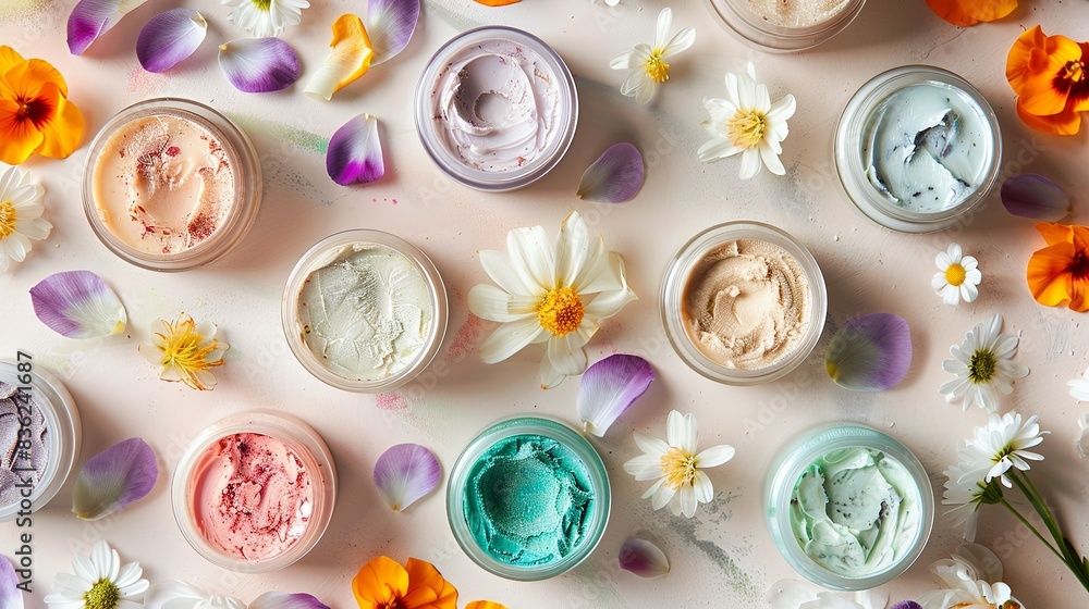Poster various face masks and creams in jars are arranged on a light background with flower petals scattere