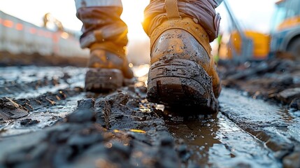 Close-up of muddy work boots on a construction site