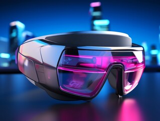 Futuristic VR headset user, neon cityscape, holographic displays, vibrant pink and blue hues, scifi theme, high resolution