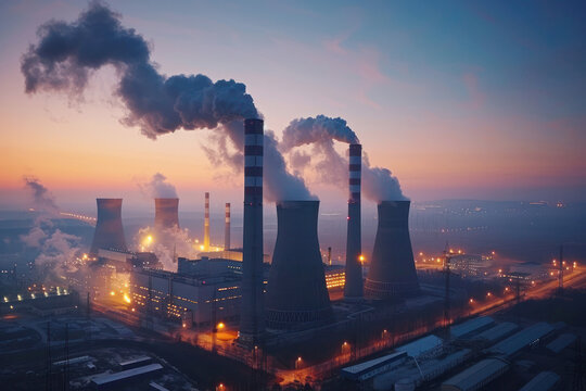 Coal-fired Power Plant Emitting Steam at Twilight Reflecting Industrial Energy Production and Environmental Impact