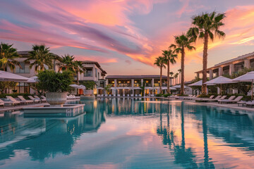 Fototapeta premium Luxury Spa Resort Pool at Sunset with Tranquil Waters, Reflecting Pink Skies, Cabanas and Palm Trees