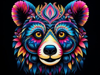 Fototapeta premium Neon panda with bright patches, pop art style, black background, bold and playful