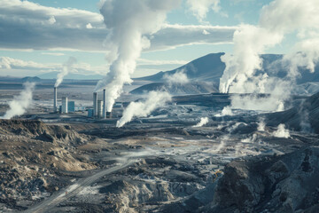 Geothermal Power Station in Volcanic Region: Steam Vents and Rugged Terrain Highlighting Alternative Energy Sources