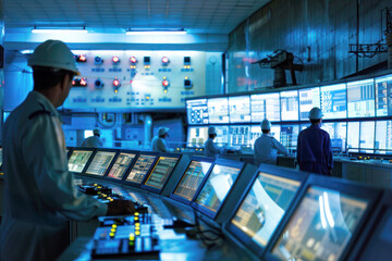 Fototapeta premium Inside Modern Nuclear Power Plant Control Room: Panels and Monitors Displaying Data with Technicians Ensuring Safe Operations