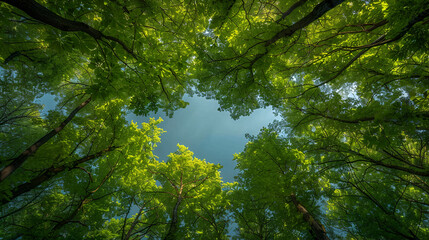 Looking up at the green tops of trees Green forest. Tree with green Leaves and sun light. Bottom view background, Generative AI