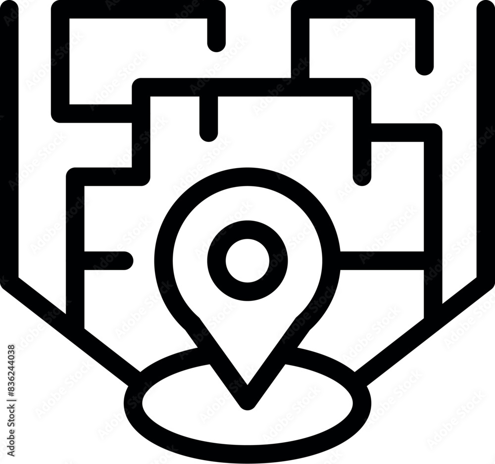 Poster monochrome icon featuring a location pin on a stylized digital map, representing navigation and gps 