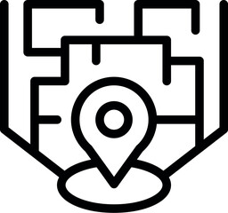 Monochrome icon featuring a location pin on a stylized digital map, representing navigation and gps technology