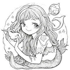 Hand-drawn cute mermaid with starfish and bubble coloring book illustration