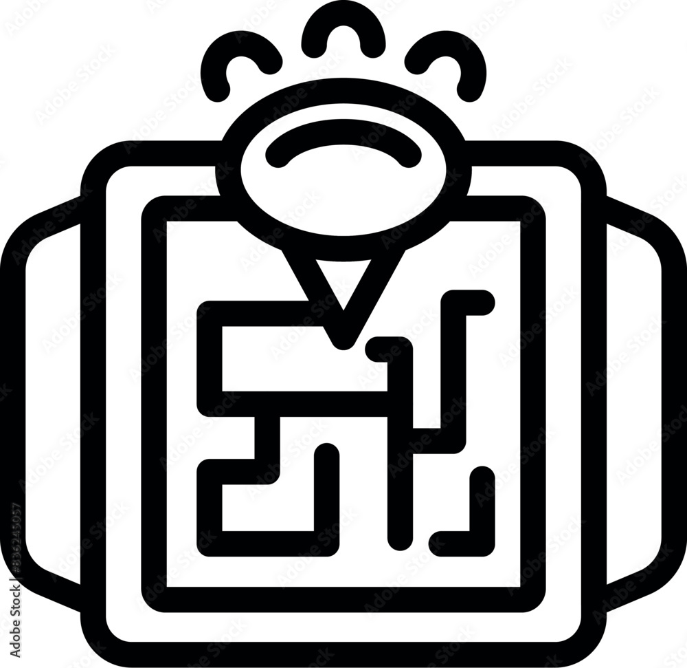 Poster black line art of a complex maze with a location pin at the center, symbols of problemsolving and na