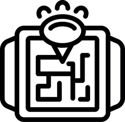 Black line art of a complex maze with a location pin at the center, symbols of problemsolving and navigation