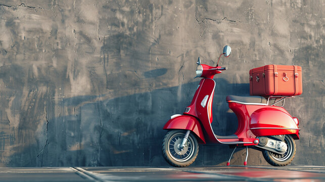 Fast delivery with electric scooter, online order. Realistic 3d creative concept marketing idea. Online service ordering of goods, fast food, grocery, with copy space area