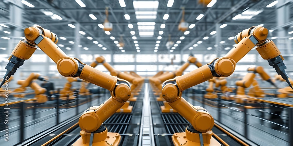 Poster a busy factory with numerous orange robots in action. concept factory automation, robotic workers, i