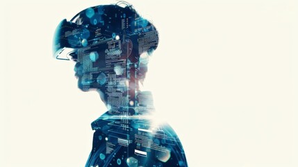 Double exposure image of a man with VR headset, futuristic virtual reality technology and digital innovation.
