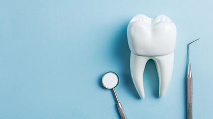 Big tooth and dentist mirror in dentist clinic in the background. Dental health concept with copy space