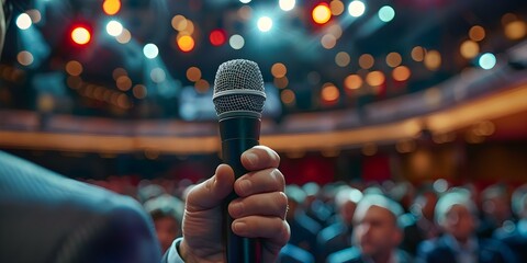 Man in suit holds microphone in front of audience in conference room. Concept Conference Presentation, Public Speaking, Business Event, Professional Speaker, Audience Engagement