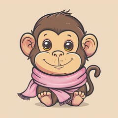 Fototapeta premium Adorable cartoon monkey with big eyes and a pink scarf, sitting happily. Perfect for children's books, decorations, and more.