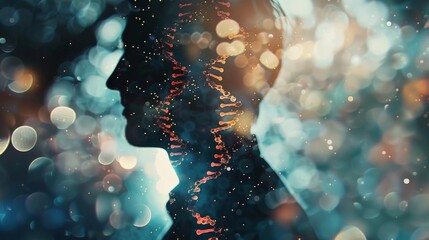 Silhouette of a person with digital DNA strands and abstract bokeh lights, representing technology, science, and human connection.