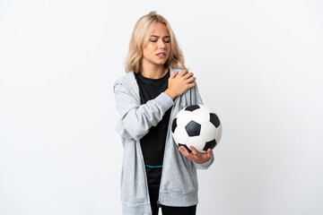 Young Russian woman playing football isolated on white background suffering from pain in shoulder...