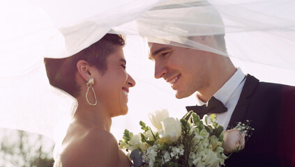 Couple, ceremony and wedding veil for love in outdoor, marriage and commitment for security....