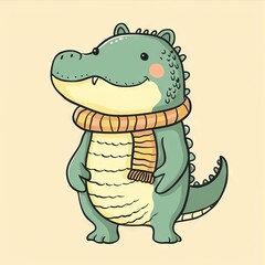 Obraz premium Cute cartoon crocodile wearing a yellow scarf, smiling and standing on two legs, on a beige background.