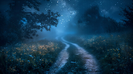 Magical fantasy fairy tale scenery, night in a forest A path in a beautiful forest with a fantasy fairy tale feel with wild animals, Generative AI
